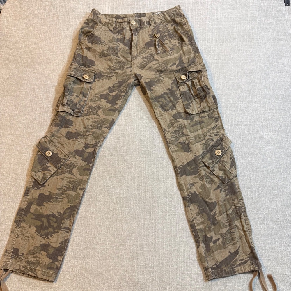 Mustway Camo Cargo Pants Men 30 Green Brown Tactical Military Y2K Streetwear